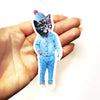 Blue Pajama Snow Cat Vintage Inspired Sticker: 4" tall