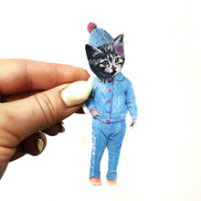  Blue Pajama Snow Cat Vintage Inspired Sticker: 4" tall