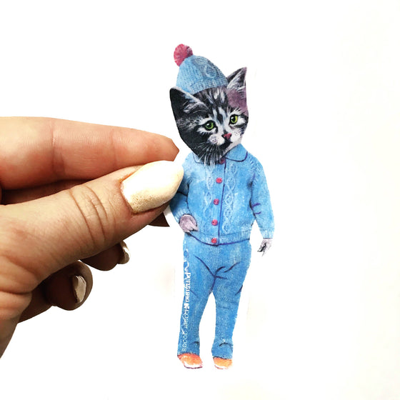 Blue Pajama Snow Cat Vintage Inspired Sticker: 4" tall