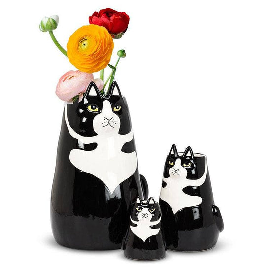 Large Black & White Sitting Cat Vase-3"D