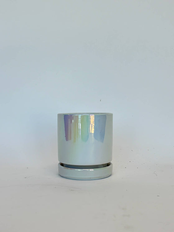 4.5" Iridescent Cylinder Pots with Water Saucers: Blue Pearl