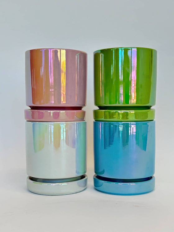 4.5" Iridescent Cylinder Pots with Water Saucers: Blue Pearl