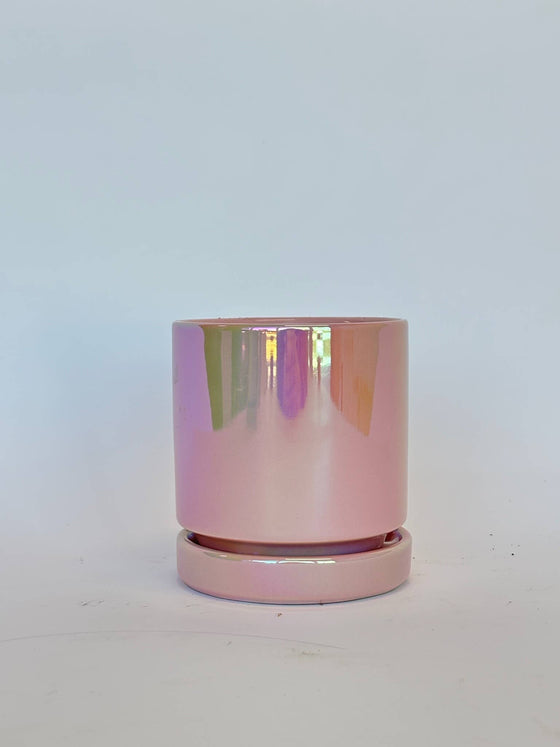 4.5" Iridescent Cylinder Pots with Water Saucers: Blue Pearl