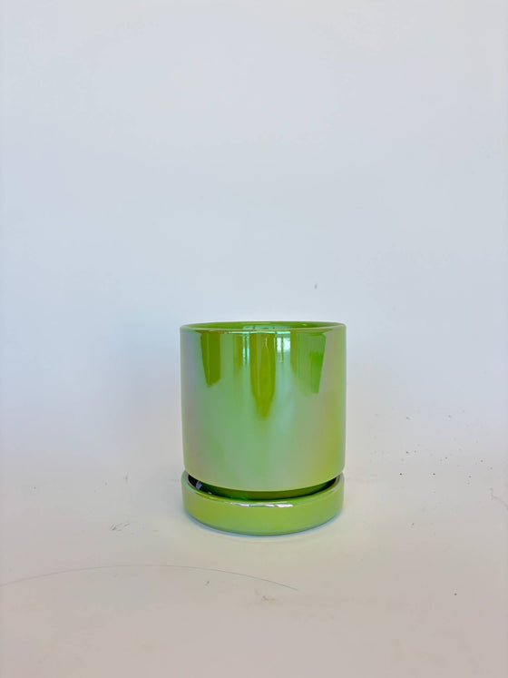 4.5" Iridescent Cylinder Pots with Water Saucers: Blue Pearl