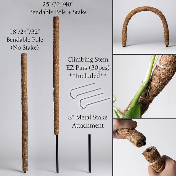 24"/32"/40 Bend & Stackable Coco Coir Pole for Plant Support: 40" Bendable Pole With Metal Stake