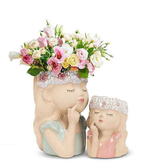 Girl with Flowers Sm Planter-4"H