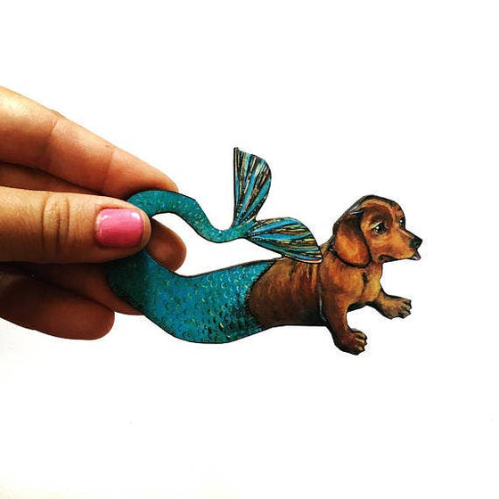 Dachshund Mermaid Laser Cut Wood Magnet