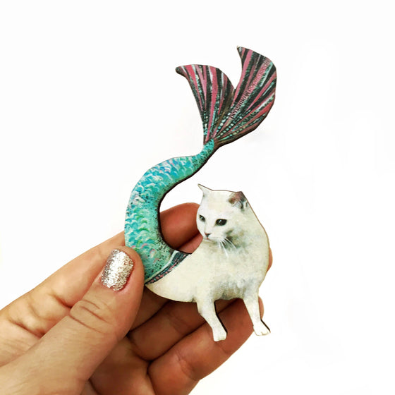 Mermaid Cat Wood Magnet